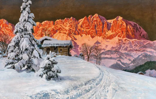 Зима, Горы, Деревья, Снег, Дом, Картина, Alois Arnegger, Алоис Арнеггер