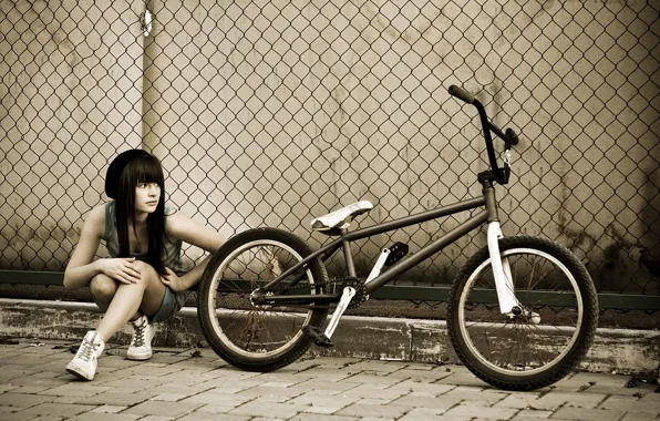 Девушка, велосипед, забор, bmx