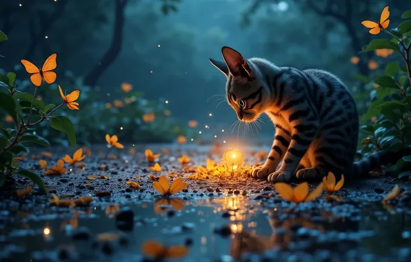 Дорога, кошка, бабочки, огонёк