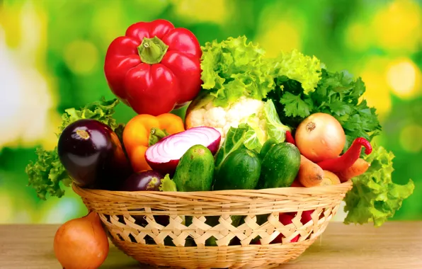 Лук, баклажан, овощи, петрушка, огурцы, салат, паприка