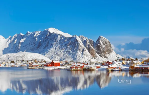 Картинка зима, море, небо, снег, горы, дом, Норвегия, поселок