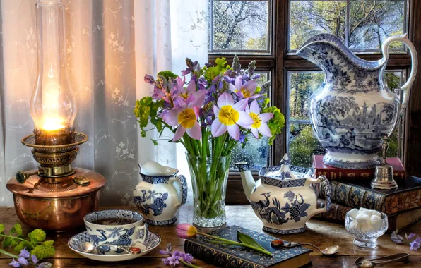 Цветы, стиль, чай, книги, лампа, букет, чайник, окно