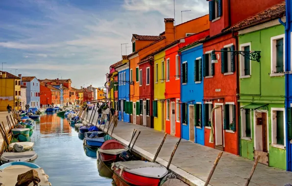 Картинка краски, дома, лодки, Италия, Венеция, канал, остров Бурано