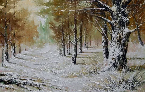 Картинка зима, лес, снег, деревья, пейзаж, картина, мороз, сугробы