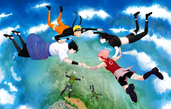 Небо, облака, полет, аниме, арт, наруто, naruto, Uchiha Sasuke