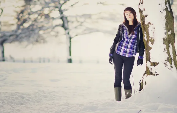 Картинка зима, девушка, дерево