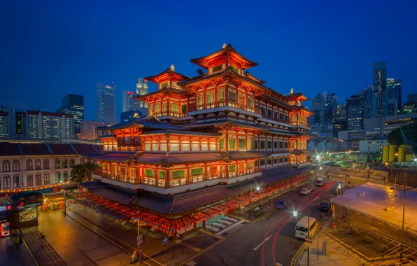 Огни, Сингапур, храм, музей, Buddha Tooth Relic Temple