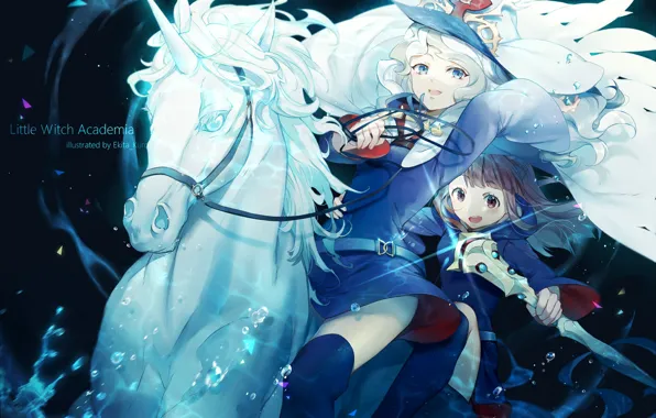 Девушки, конь, аниме, арт, little witch academia, akko kagari, diana cavendish