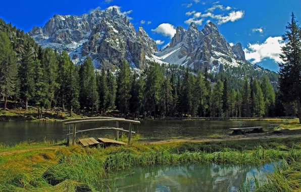 Картинка лес, горы, озеро, Италия, мостик, Italy, Доломитовые Альпы, Dolomites