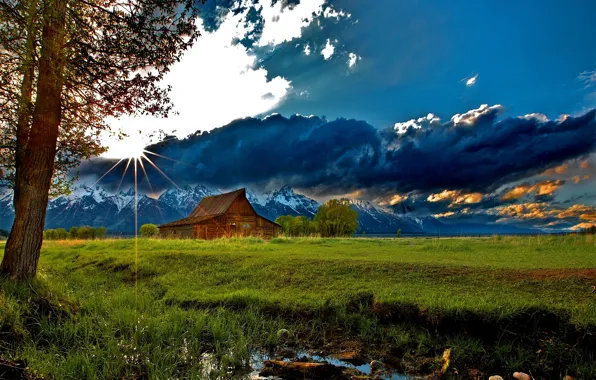 Картинка трава, облака, снег, деревья, пейзаж, горы, природа, домик