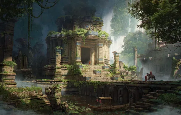 Растительность, лодка, джунгли, архитектура, jungle, строения, buildings, architecture