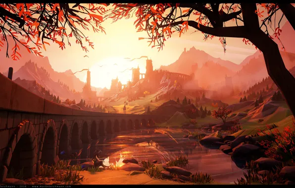 Горы, мост, замок, женщина, Sunrise, Stylized landscape in Unreal 4