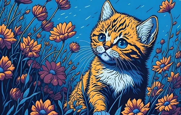 Кошка, котенок, живопись, цифровая живопись, ИИ-арт, нейросеть, искусство искусственного интеллекта, цифровое искусство •