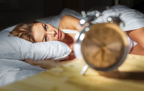 Woman, beautiful, bed, insomnia, alarm clock