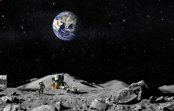 Земля, луна, флаг, американцы, Астронавты