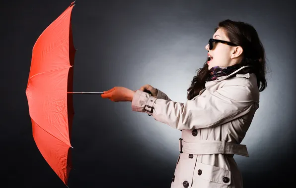Картинка девушка, зонт, шатенка, пальто, локоны, тёмные очки