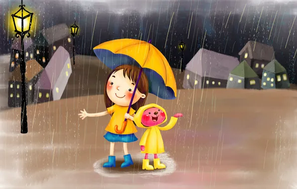 Картинка дождь, зонт, фонарь