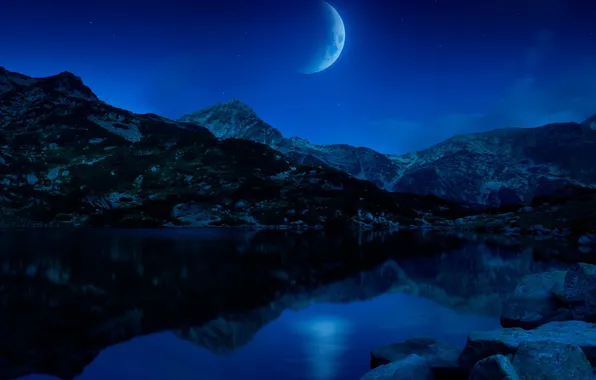 Картинка небо, горы, ночь, природа, озеро, камни, луна