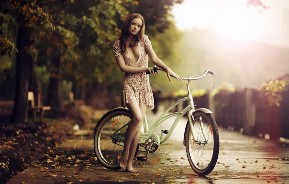Грусть, осень, девушка, велосипед, босиком