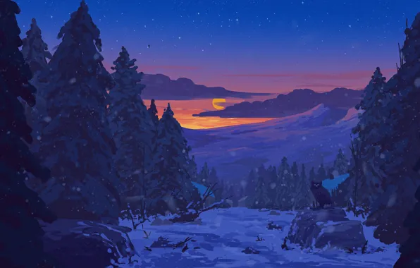 Forest, sky, trees, sunset, art, winter, clouds, snow