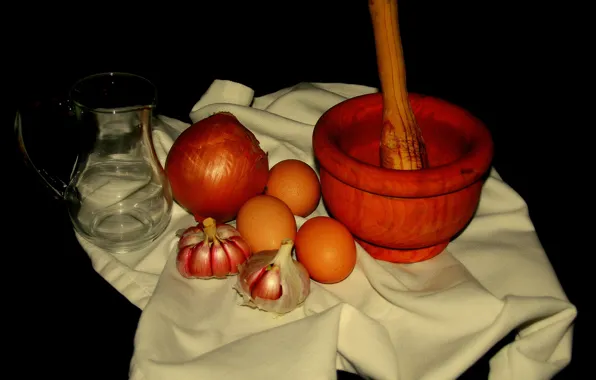 Стиль, яйца, лук, кувшин, натюрморт, чеснок, ступка