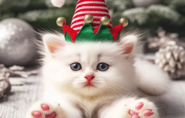 Кошка, белый, взгляд, поза, котенок, лапки, Рождество, милый