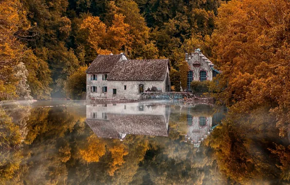 Картинка осень, лес, деревья, отражение, река, Франция, здания, France
