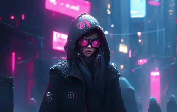 Картинка pink, winter, cyberpunk, women, goggles, looking at viewer, hoods, parted lips