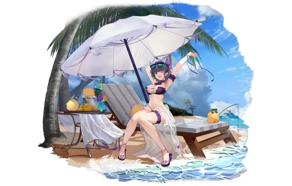 Girl, sexy, cleavage, beach, sea, boobs, anime, blue eyes