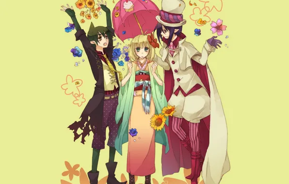 Картинка цветы, зонтик, кимоно, трое, ao no exorcist, синий экзорцист