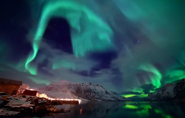 Картинка зима, небо, острова, звезды, свет, снег, северное сияние, Норвегия