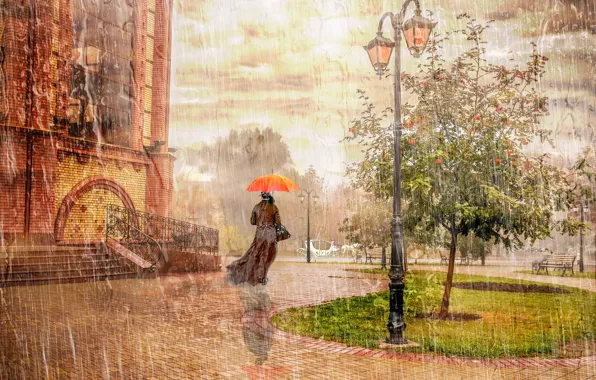 Картинка осень, город, дождь, дерево, настроение, женщина, зонт, фонарь