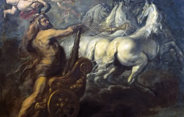 Картинка колесница, ангел, картина, лошади, мифология, Jean Baptiste Borrekens, Апофеоз Геркулеса