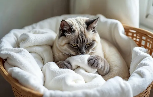 Кошка, кот, взгляд, поза, плед, мордашка, корзинка, сиамский