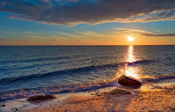 Картинка море, пляж, солнце, камни, берег
