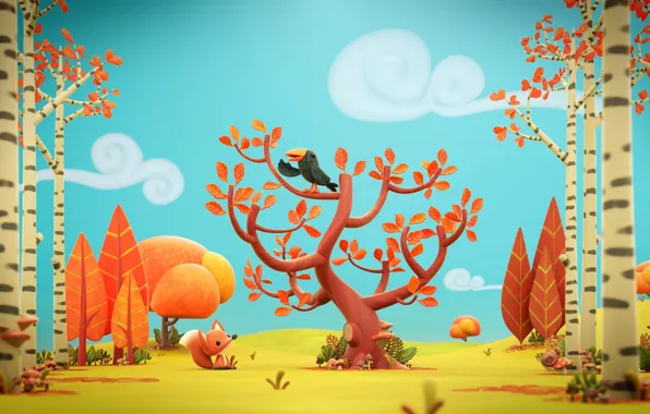 Картинка осень, арт, лисичка, детская, Autumn leaves, детская. лес, Olivier PAUTOT