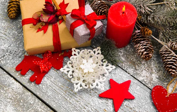 Снег, украшения, елка, свечи, Новый Год, Рождество, подарки, Christmas