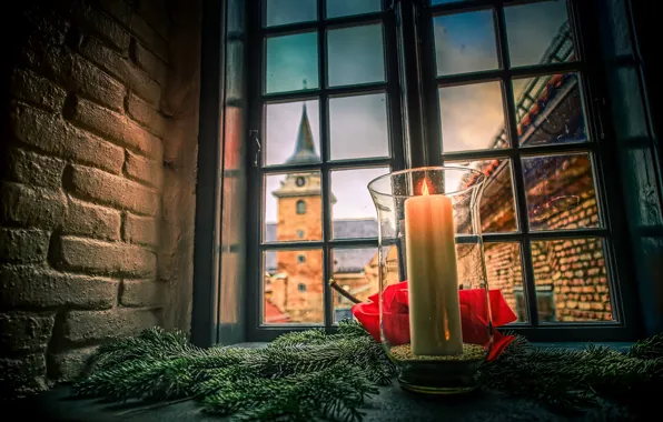 Картинка замок, башня, свеча, окно, Рождество, Норвегия, крепость, Осло