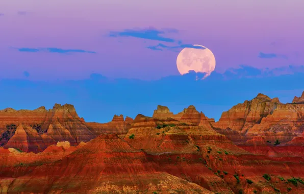 Картинка лето, небо, горы, луна, утро, США, Ююнь, национальный парк Бэдлендс