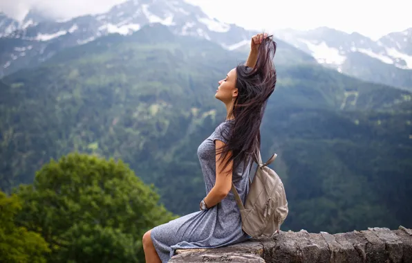 Model, Outside, Angelina Petrova, Backpack, On The Wall, Summer Dress