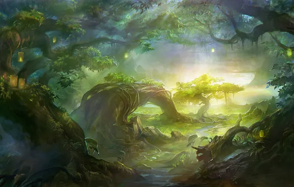 Картинка лес, свет, деревья, пейзаж, огни, корни, река, ручей