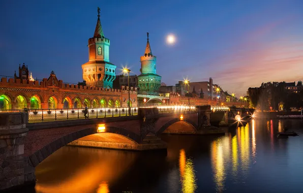 Картинка свет, ночь, мост, город, река, Германия, освещение, Germany