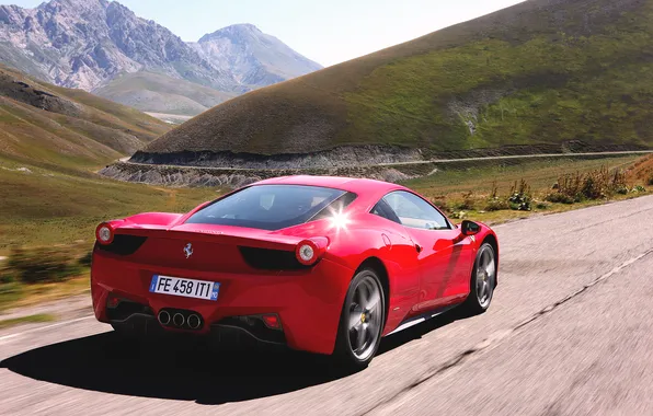 Красный, Авто, Дорога, Горы, День, Ferrari, 458, Italia