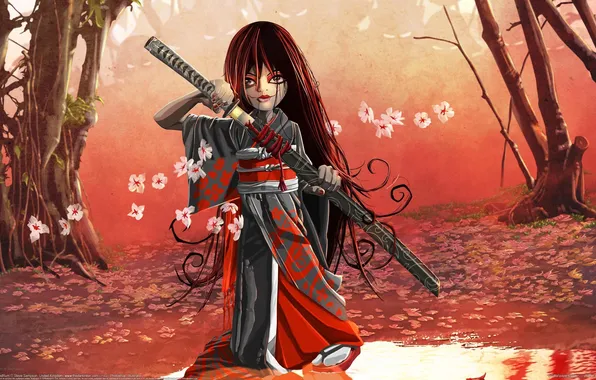 Картинка меч, сакура, самурай, девочка, Steve Sampson
