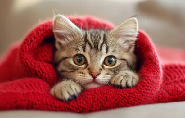 Кошка, взгляд, красный, котенок, серый, портрет, лапки, шарф
