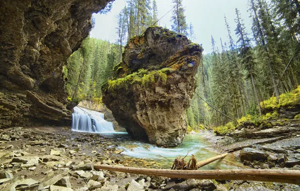 Лес, горы, река, скалы, водопад, Канада, Альберта, banff national park