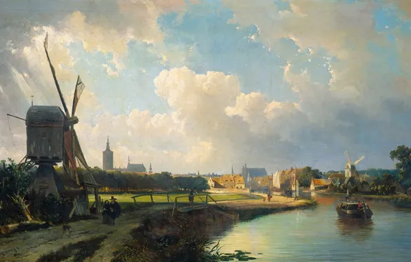 Картинка пейзаж, масло, картина, ветряная мельница, Каспар Карсен, Вид на Гаагу от Делфта
