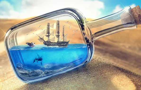 Песок, море, пустыня, корабль, бутылка, фотоарт, корабль в бутылке, море в бутылке