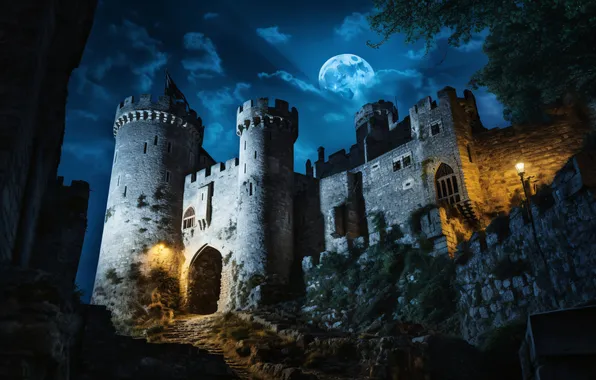 Небо, ночь, замок, луна, landscape, view, castle, ancient