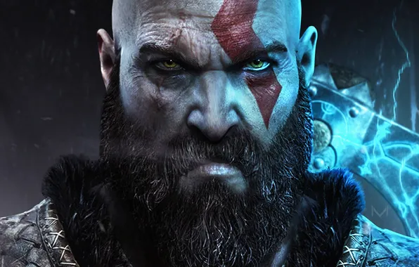 God of war, weapon, kratos, sony, blue, snow, blow, man